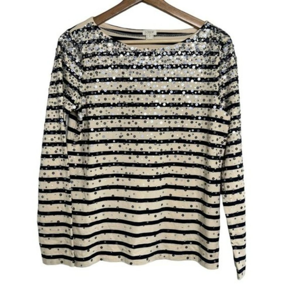 J Crew Womens Size Small Confetti Sequin Blue Stripe Long Sleeve Top Boatneck